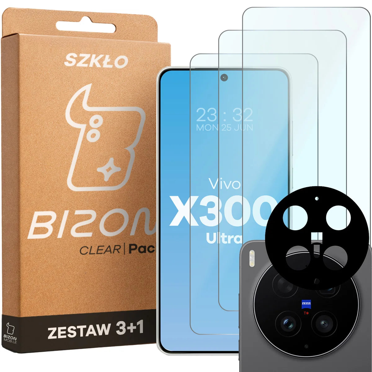 Gehärtetes Glas - 3 Stück + Kameraschutz für Vivo X300 Ultra, Bizon Glass Clear Pack