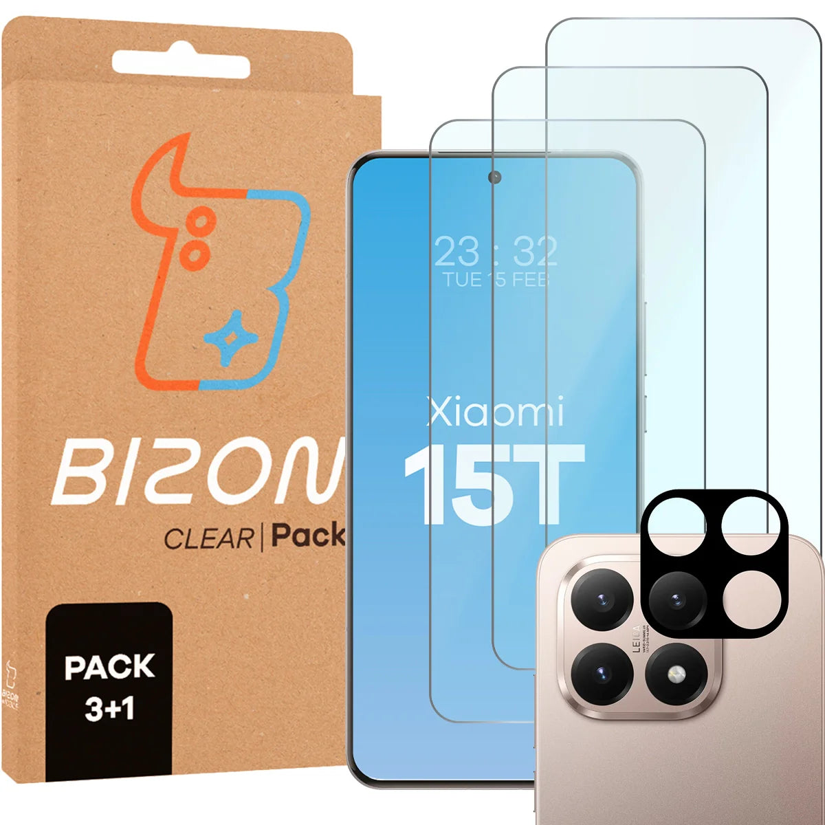 Gehärtetes Glas - 3 Stück + Kameraschutz für Xiaomi 15T, Bizon Glass Clear Pack