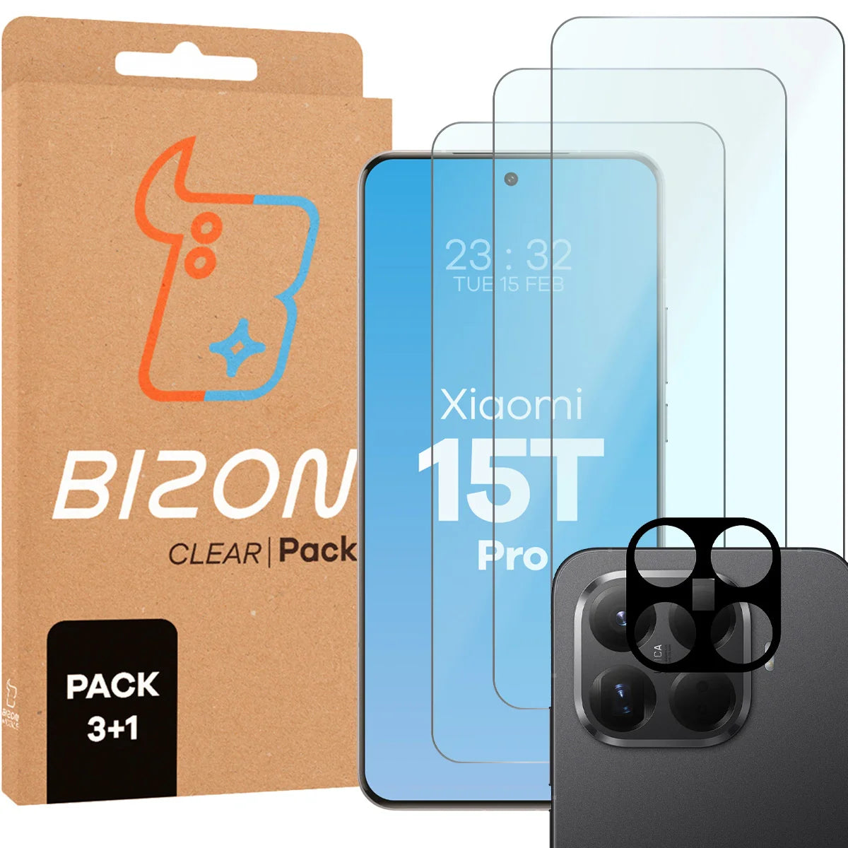 Gehärtetes Glas - 3 Stück + Kameraschutz für Xiaomi 15T Pro, Bizon Glass Clear Pack