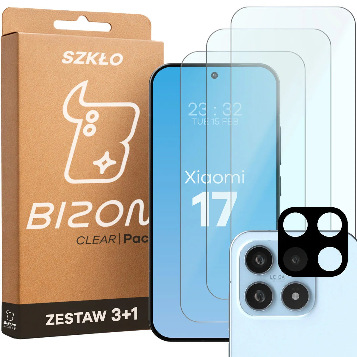 Gehärtetes Glas - 3 Stück + Kameraschutz für Xiaomi 17, Bizon Glass Clear Pack
