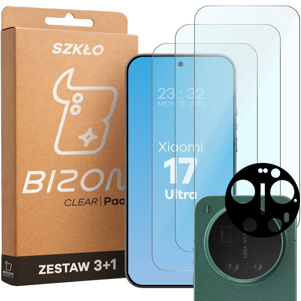 Gehärtetes Glas - 3 Stück + Kameraschutz für Xiaomi 17 Ultra, Bizon Glass Clear Pack (1/6)