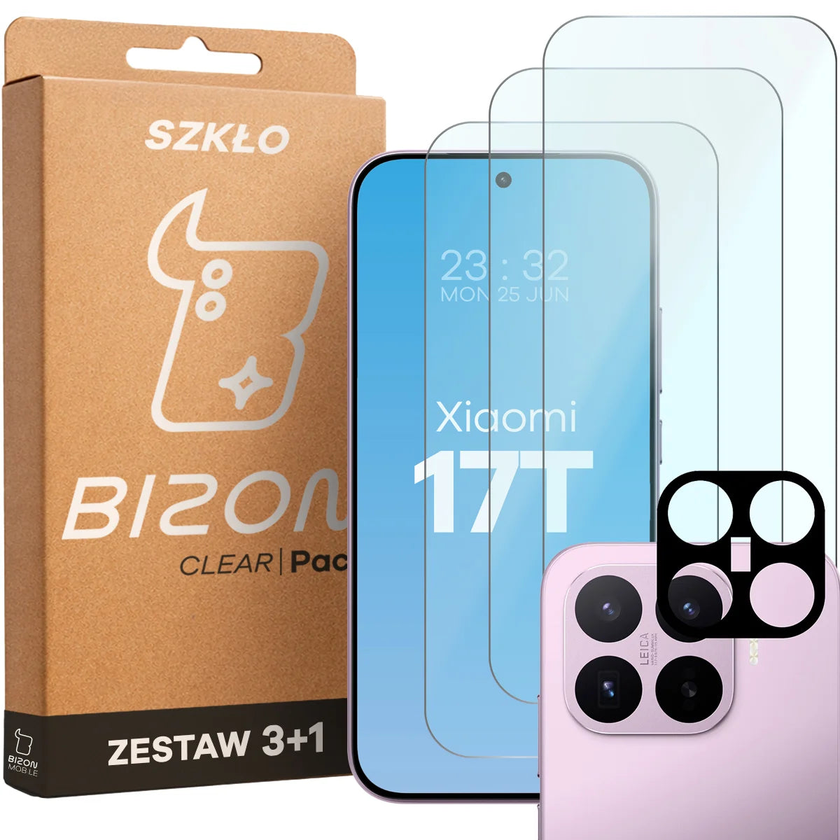 Gehärtetes Glas - 3 Stück + Kameraschutz für Xiaomi 17T, Bizon Glass Clear Pack