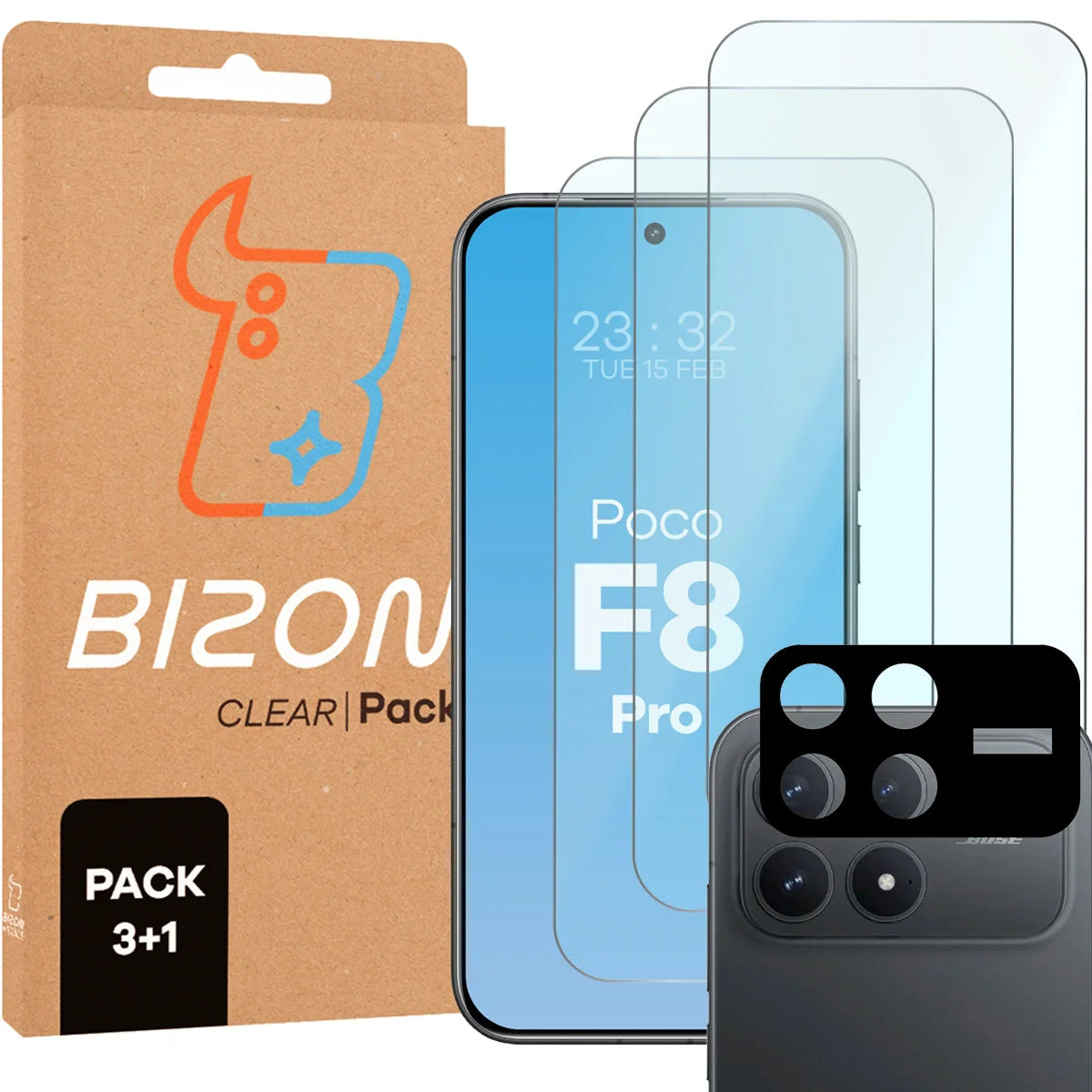 Gehärtetes Glas - 3 Stück + Kameraschutz für Xiaomi POCO F8 Pro, Bizon Glass Clear Pack