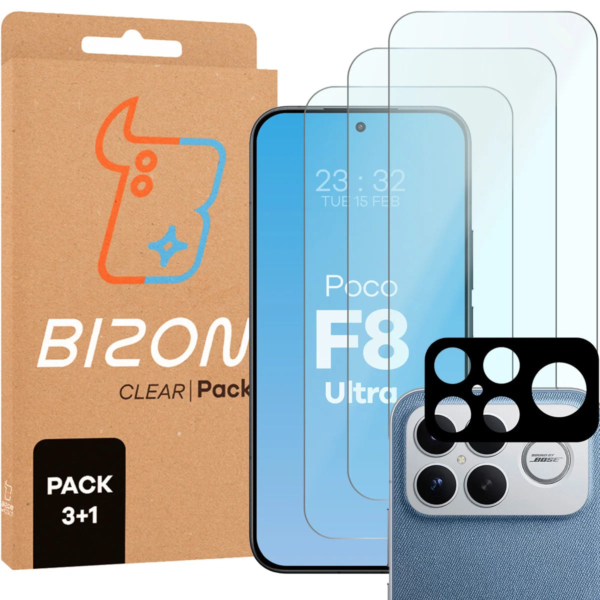 Gehärtetes Glas - 3 Stück + Kameraschutz für Xiaomi POCO F8 Ultra, Bizon Glass Clear Pack