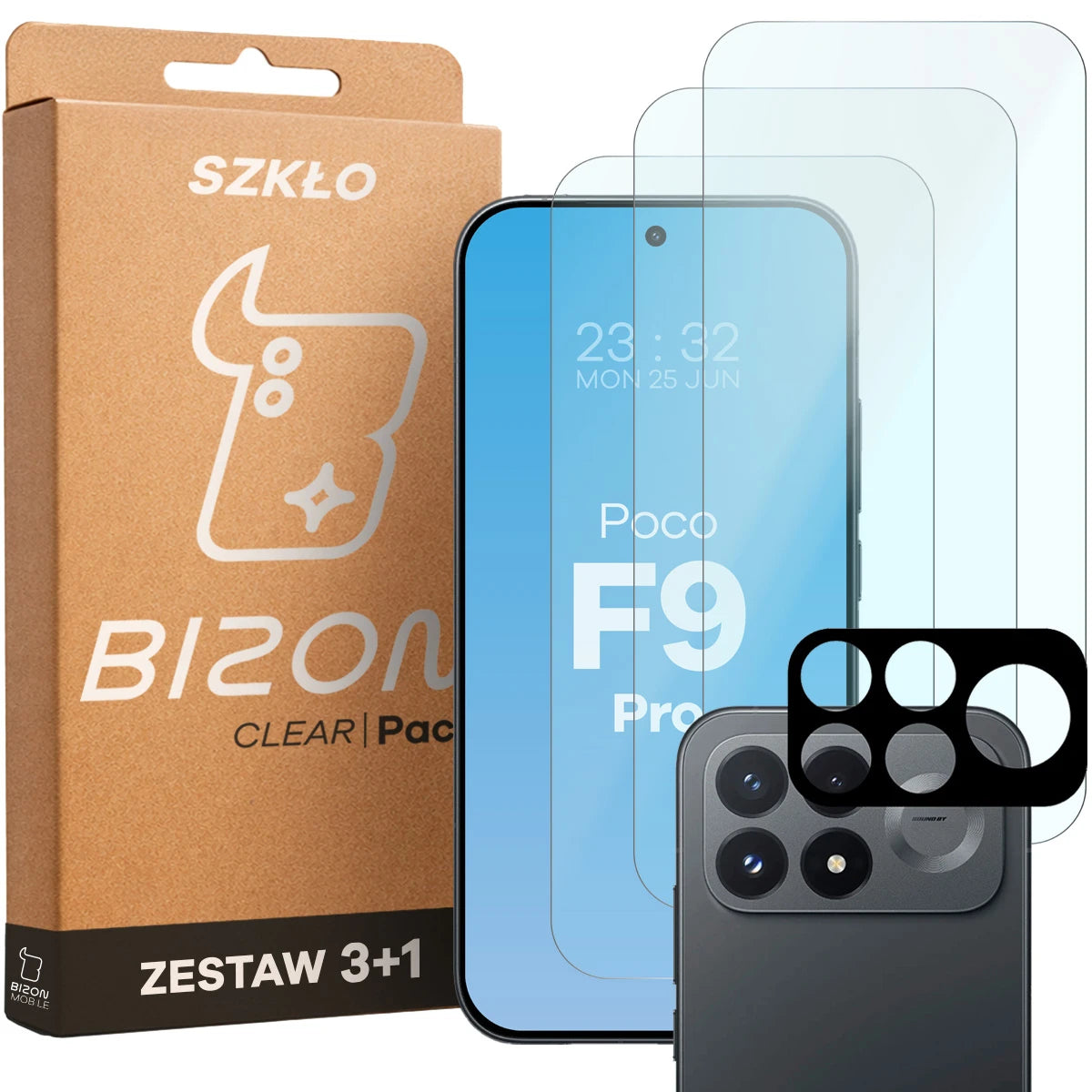 Gehärtetes Glas - 3 Stück + Kameraschutz für Xiaomi POCO F9 Pro, Bizon Glass Clear Pack (1/6)