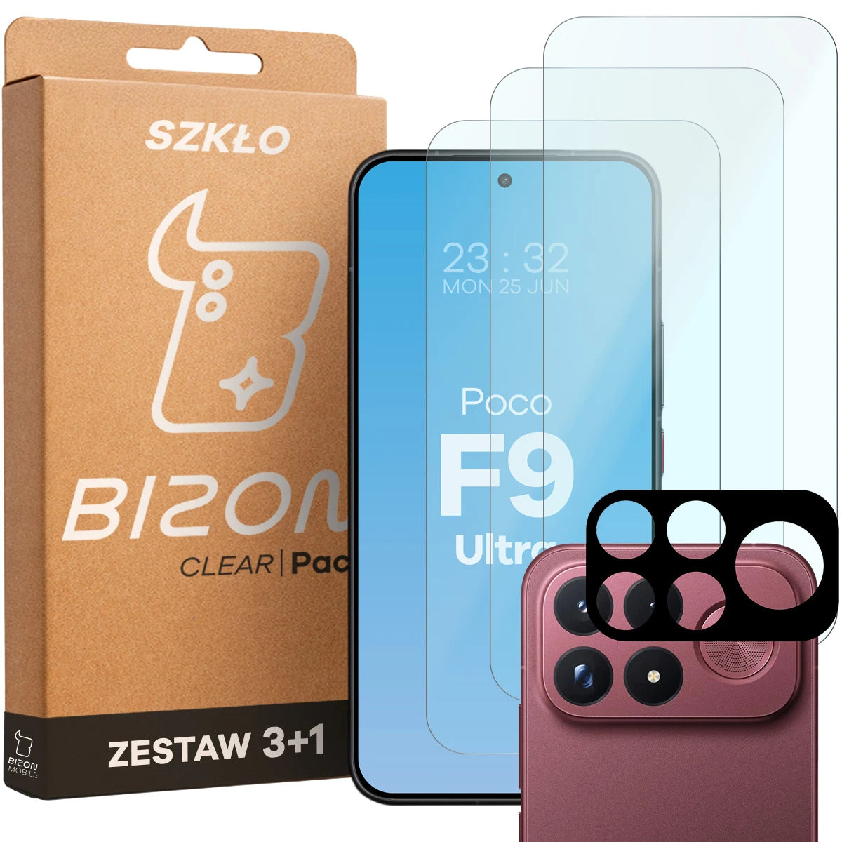 Gehärtetes Glas - 3 Stück + Kameraschutz für Xiaomi POCO F9 Ultra, Bizon Glass Clear Pack (1/6)