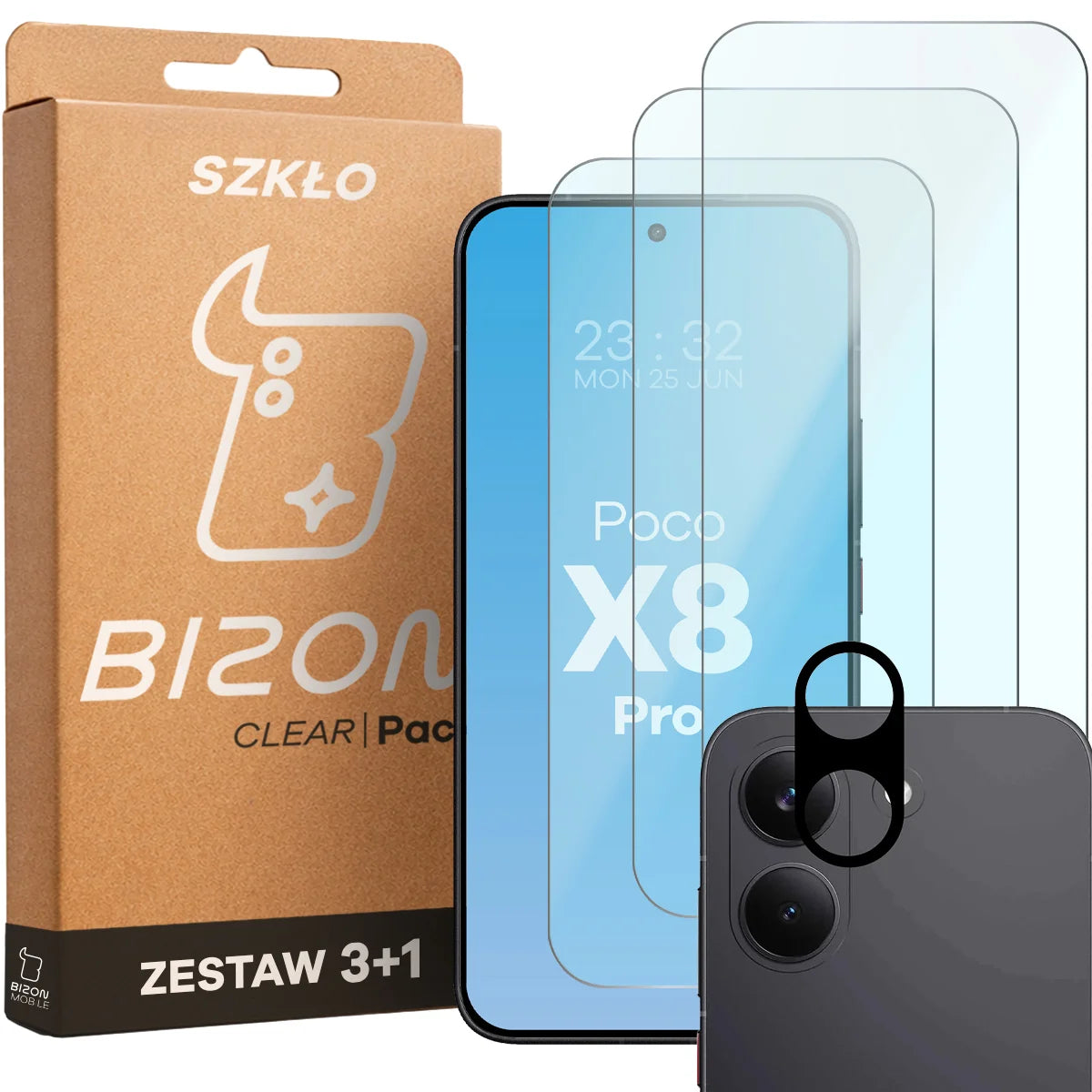 Gehärtetes Glas - 3 Stück + Kameraschutz für Xiaomi POCO X8 Pro, Bizon Glass Clear Pack