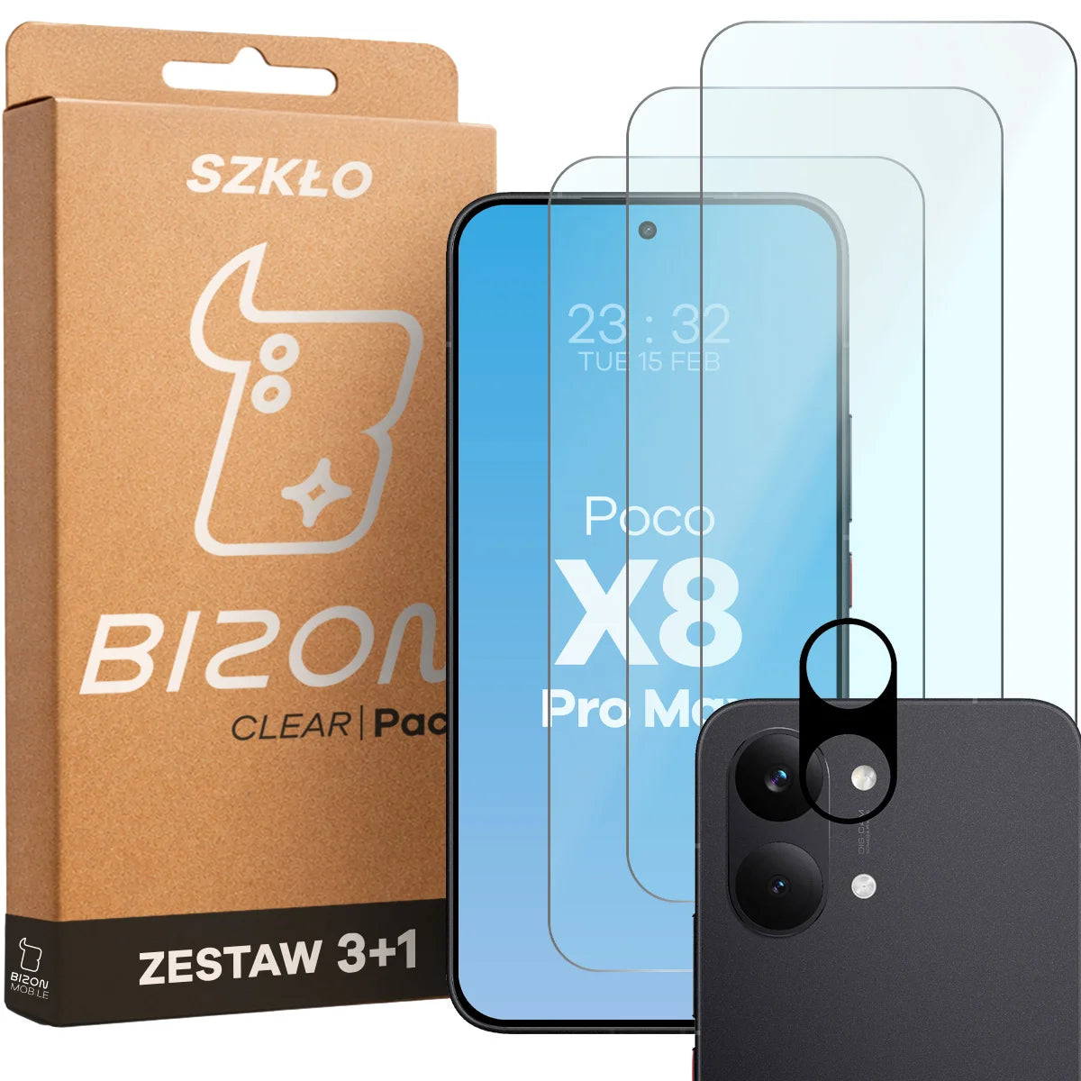 Gehärtetes Glas - 3 Stück + Kameraschutz für Xiaomi POCO X8 Pro Max, Bizon Glass Clear Pack