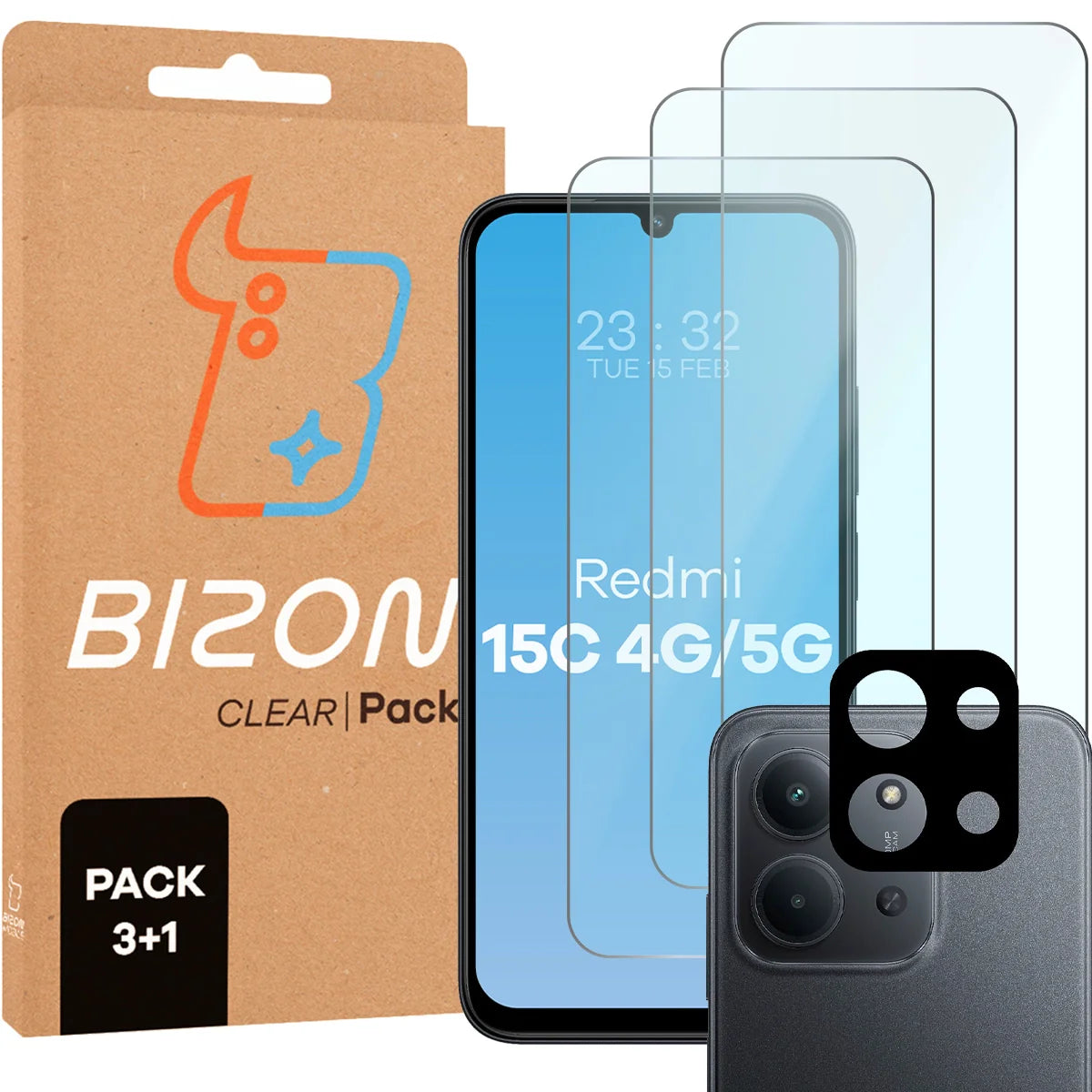 Gehärtetes Glas - 3 Stück + Kameraschutz für Xiaomi Redmi 15C 4G / 5G, Bizon Glass Clear Pack