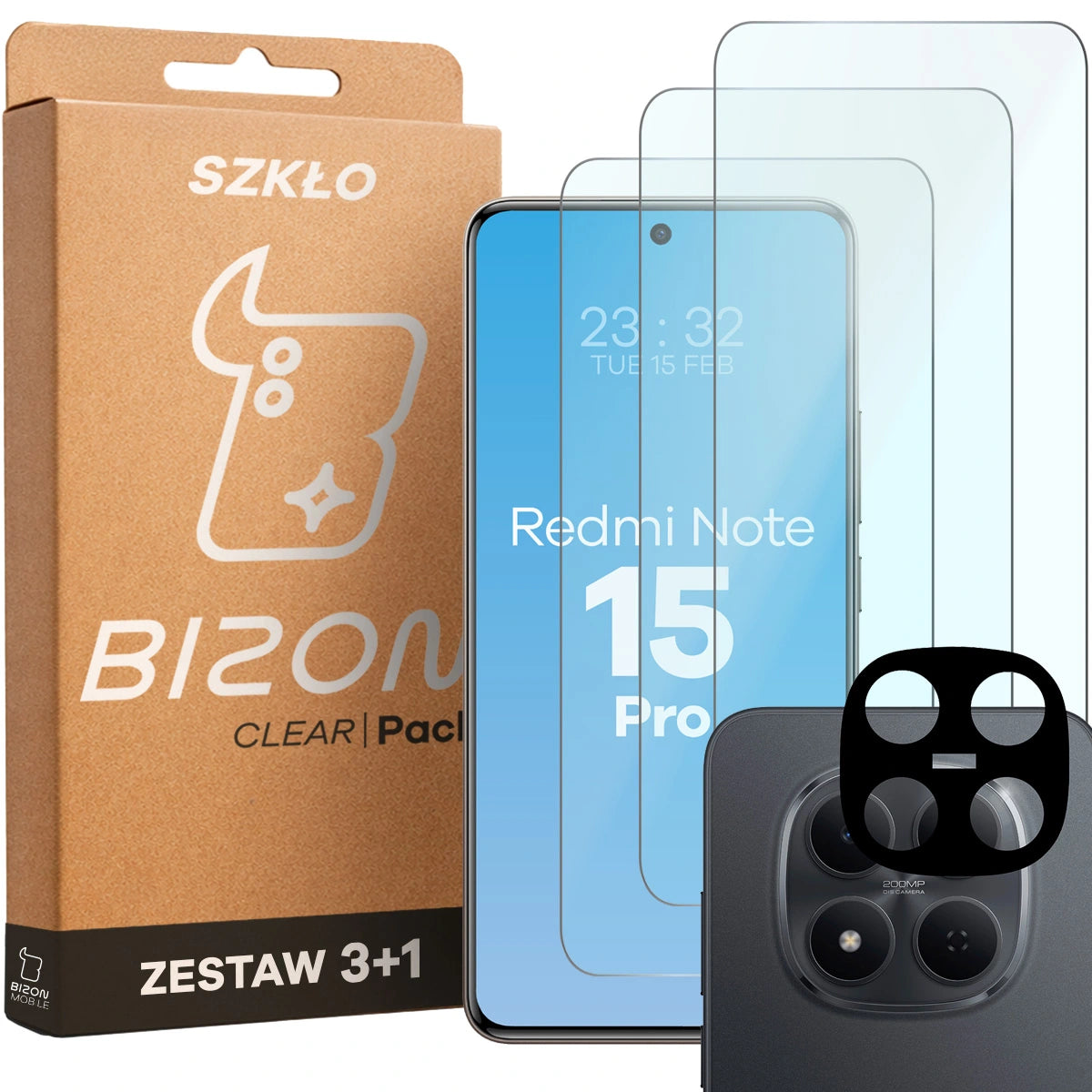 Gehärtetes Glas - 3 Stück + Kameraschutz für Xiaomi Redmi Note 15 Pro 5G, Bizon Glass Clear Pack
