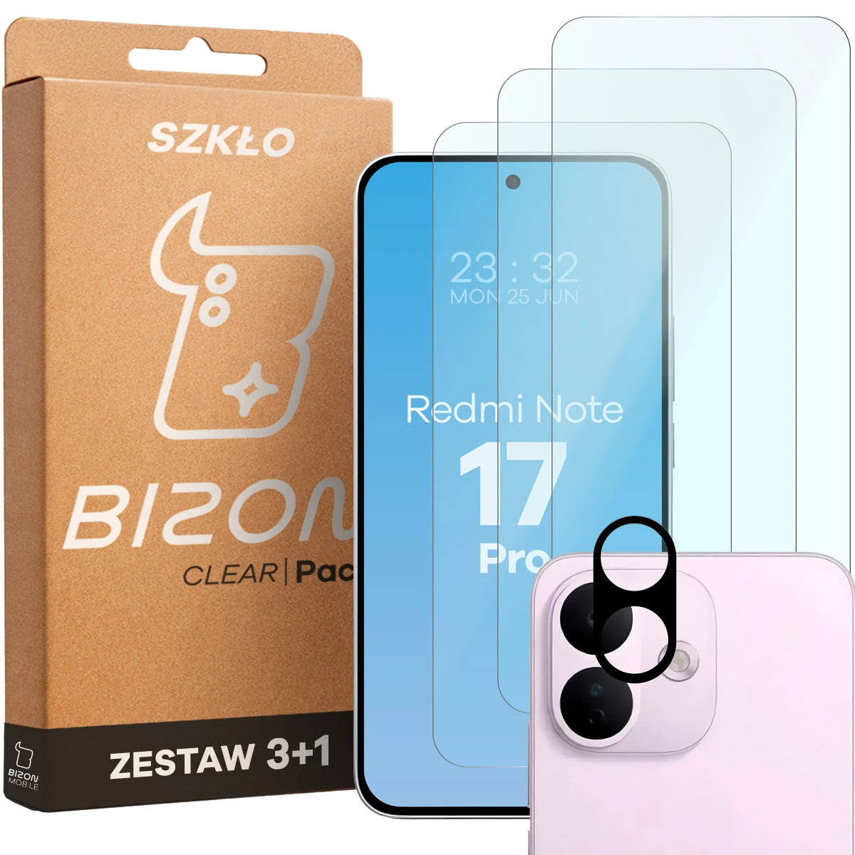 Gehärtetes Glas - 3 Stück + Kameraschutz für Xiaomi Redmi Note 17 Pro 5G, Bizon Glass Clear Pack (1/6)