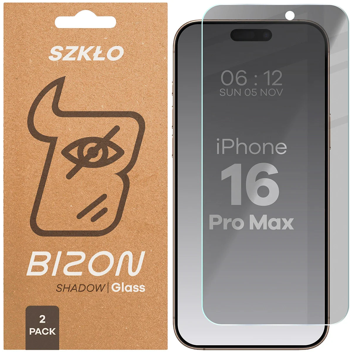Gehärtetes Glas mit Privatschutzfilter für iPhone 16 Pro Max, Bizon Glass Clear Shadow Duo, getönt, 2 Stück