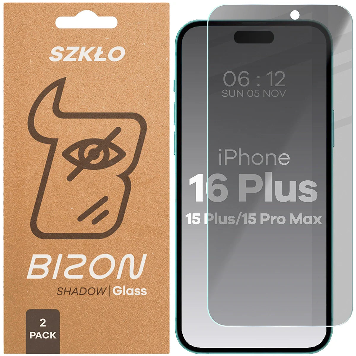 Gehärtetes Glas mit Privatschutzfilter für iPhone 15 Plus / 15 Pro Max / 16 Plus, Bizon Glass Clear Shadow Duo, getönt, 2 Stück