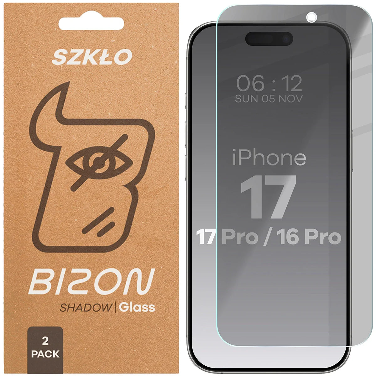 Gehärtetes Glas mit Privatschutzfilter für iPhone 17 / 17 Pro / 16 Pro, Bizon Glass Clear Shadow Duo, getönt, 2 Stück