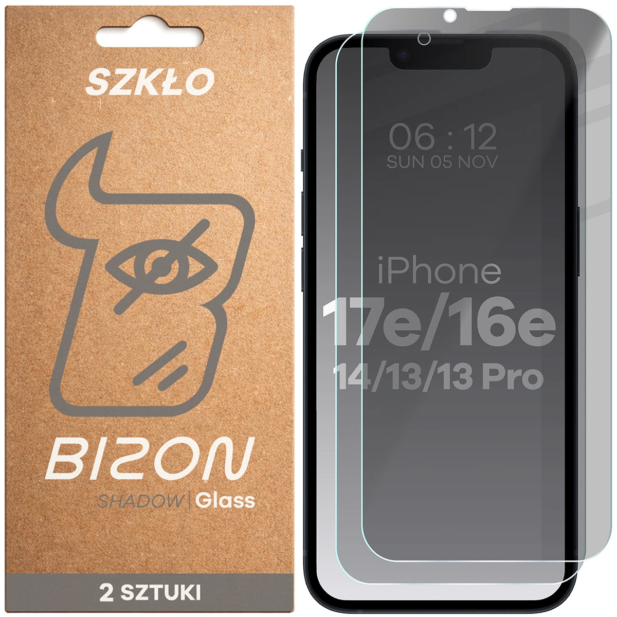 Gehärtetes Glas mit Privatschutzfilter für iPhone 17e / 16e / 14 / 13 Pro / 13, Bizon Glass Clear Shadow Duo, getönt, 2 Stück