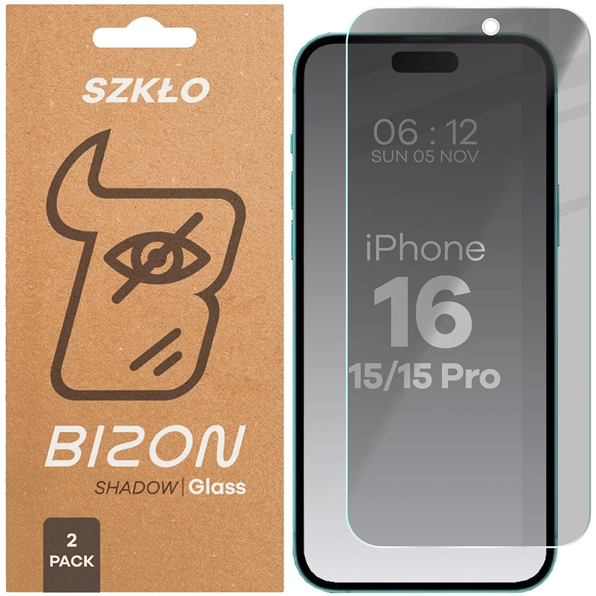 Gehärtetes Glas mit Privatschutzfilter für iPhone 15 / 15 Pro / 16 , Bizon Glass Clear Shadow Duo, getönt, 2 Stück