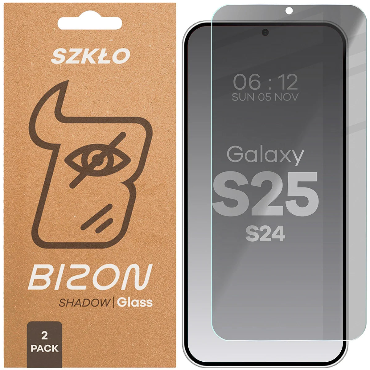 Gehärtetes Glas mit Privatschutzfilter für Galaxy S25 / S24, Bizon Glass Clear Shadow Duo, getönt, 2 Stück