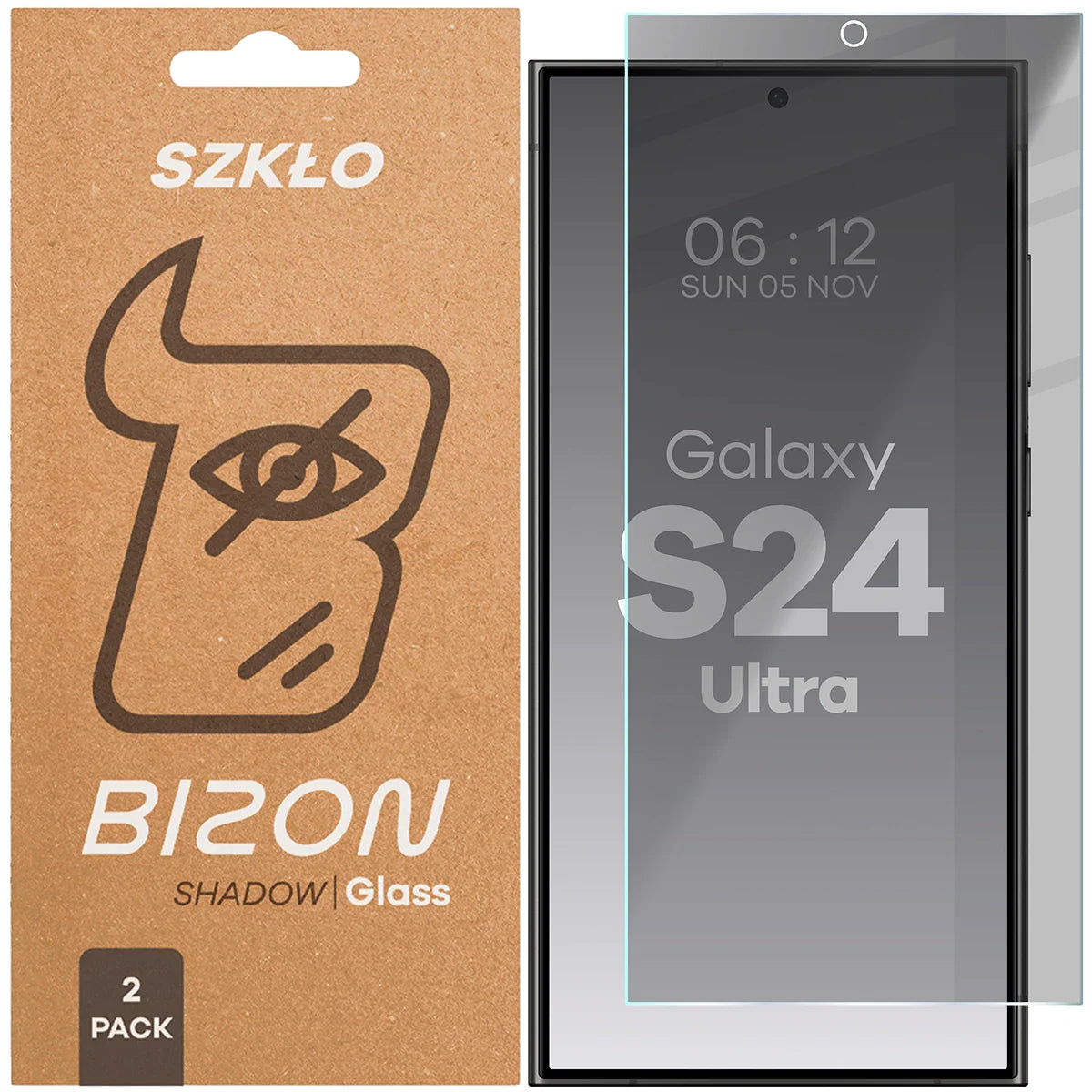 Gehärtetes Glas mit Privatschutzfilter für Galaxy S24 Ultra, Bizon Glass Clear Shadow Duo, getönt, 2 Stück