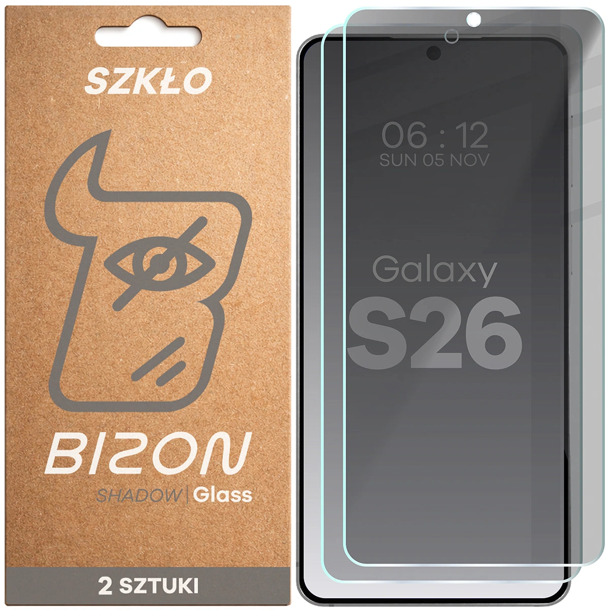 Gehärtetes Glas mit Privatschutzfilter für Galaxy S26, Bizon Glass Clear Shadow Duo, getönt, 2 Stück