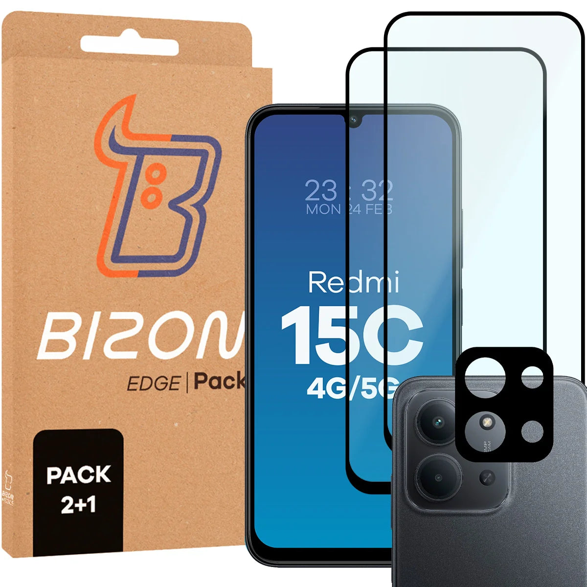 Gehärtetes Glas - 2 Stück + Kameraschutz für Xiaomi Redmi 15C 4G / 5G, Bizon Glass Edge Pack, Schwarz