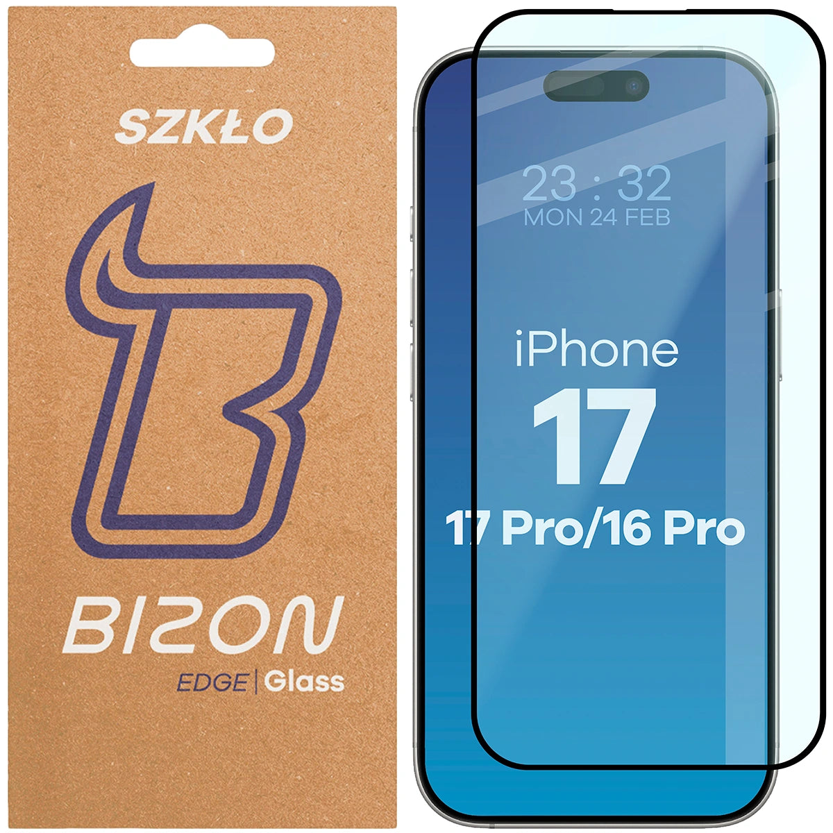 Gehärtetes Glas für iPhone 16 Pro / 17 / 17 Pro, Bizon Glass Edge 2, schwarzer Rahmen