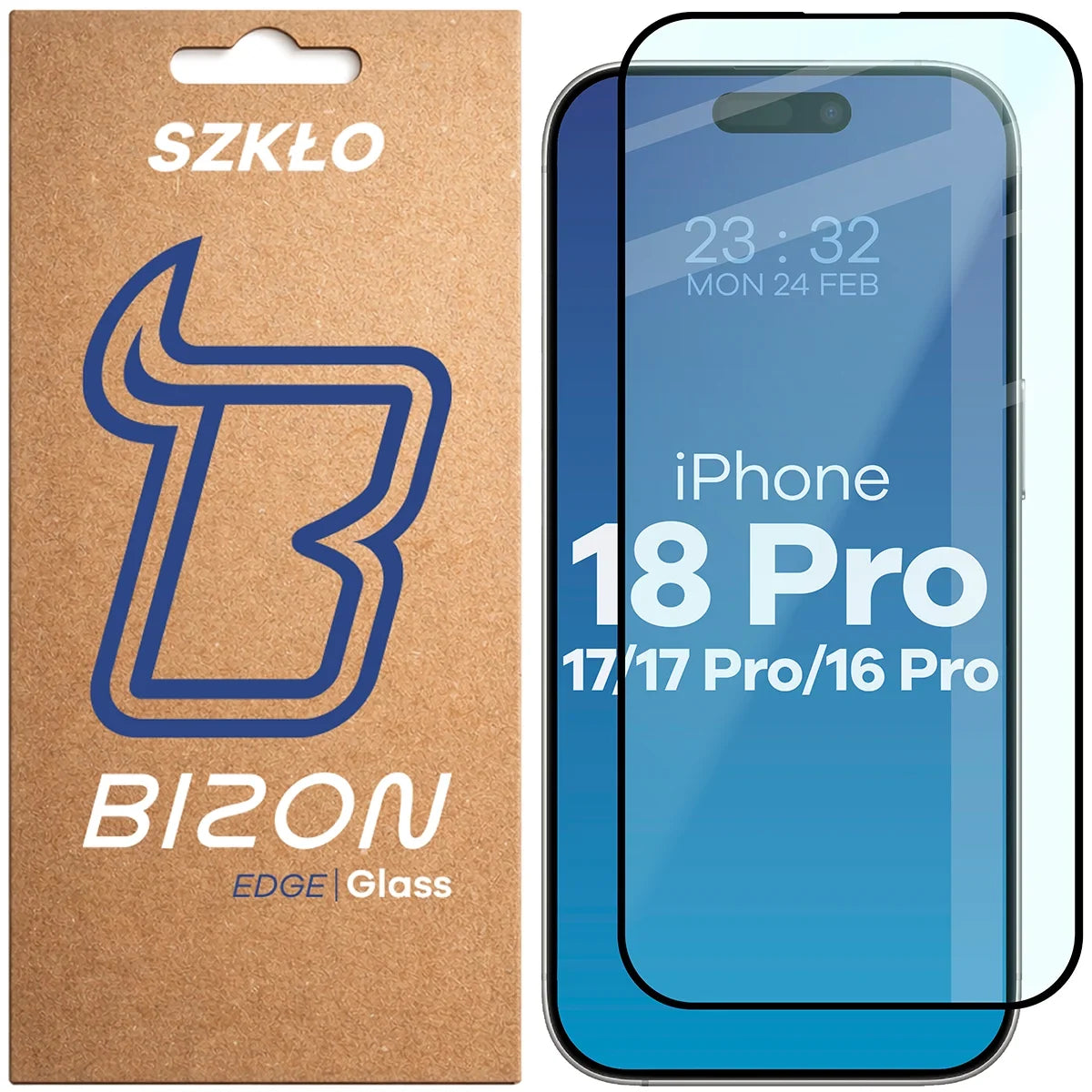 Gehärtetes Glas für iPhone 18 Pro / 17 Pro / 16 Pro / 17, Bizon Glass Edge, schwarzer Rahmen