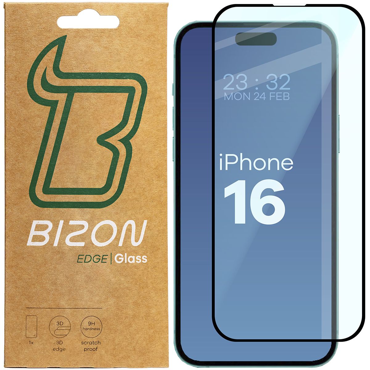 Gehärtetes Glas Bizon Glass Edge für iPhone 15 / 16, schwarz