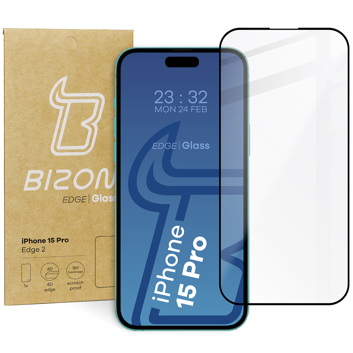Gehärtetes Glas Bizon Glass Edge für iPhone 15 Pro, schwarz