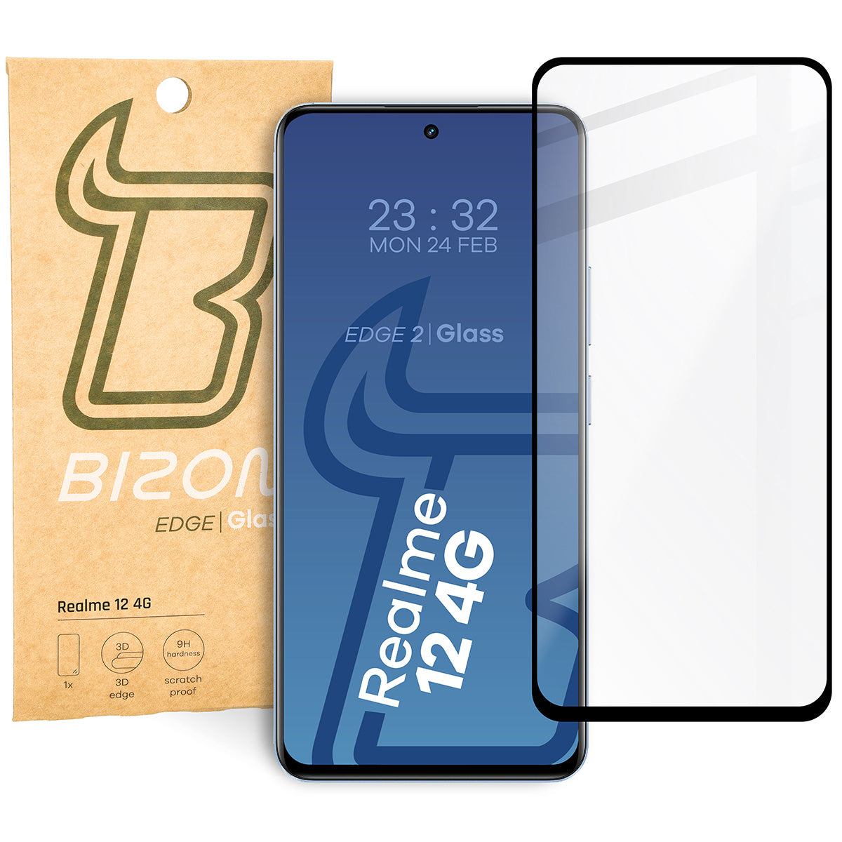 Gehärtetes Glas für Realme 12 4G, Bizon Glass Edge, schwarzer Rahmen