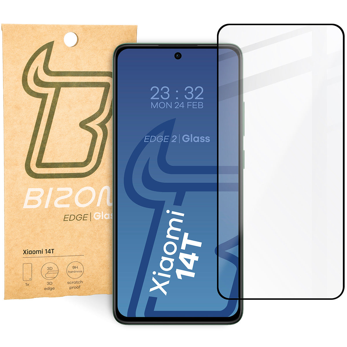 Gehärtetes Glas für Xiaomi 14T, Bizon Glass Edge, Schwarzer Rahmen