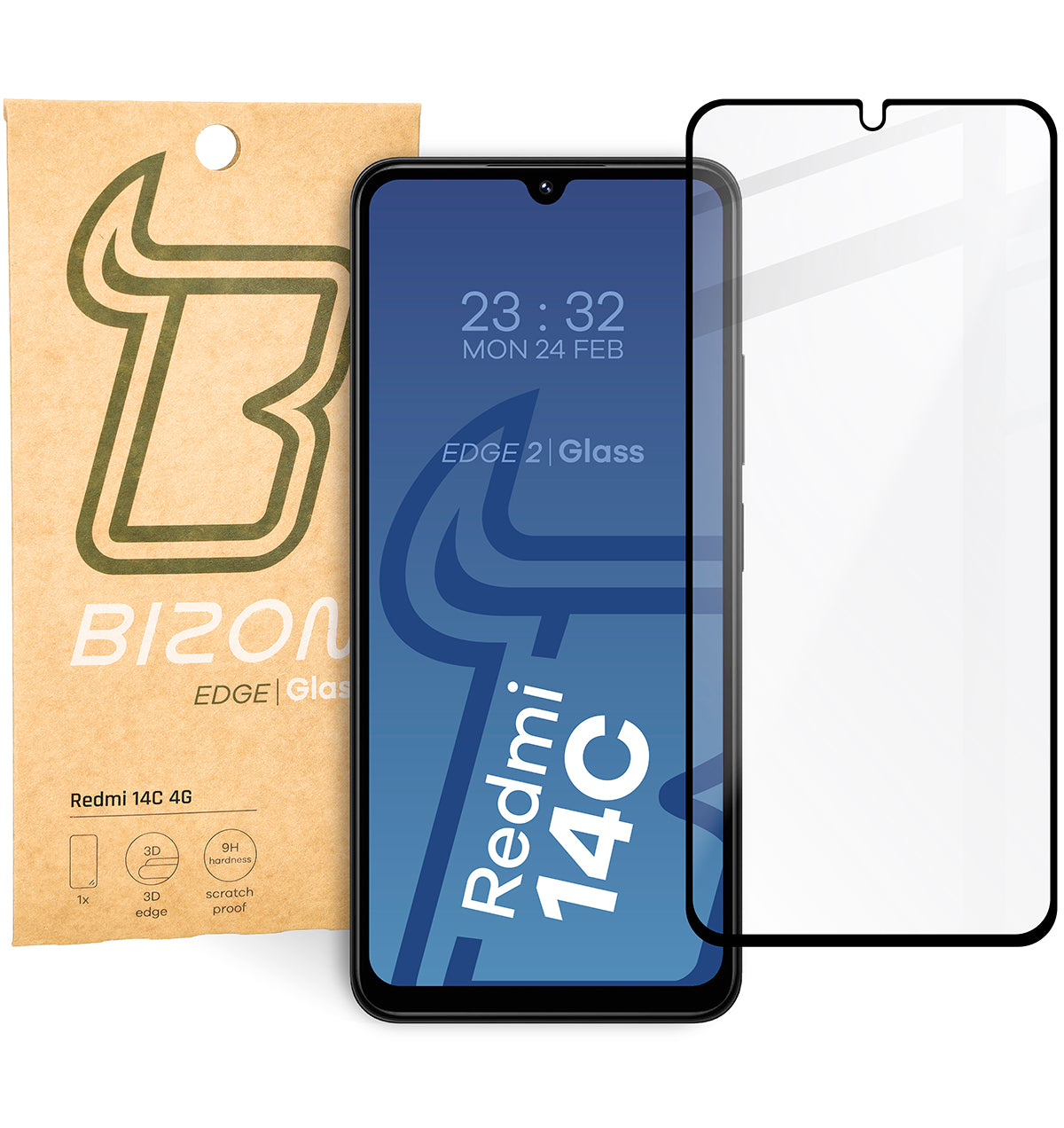 Gehärtetes Glas für Xiaomi Redmi 14C 4G / POCO C75, Bizon Glass Edge, Schwarzer Rahmen