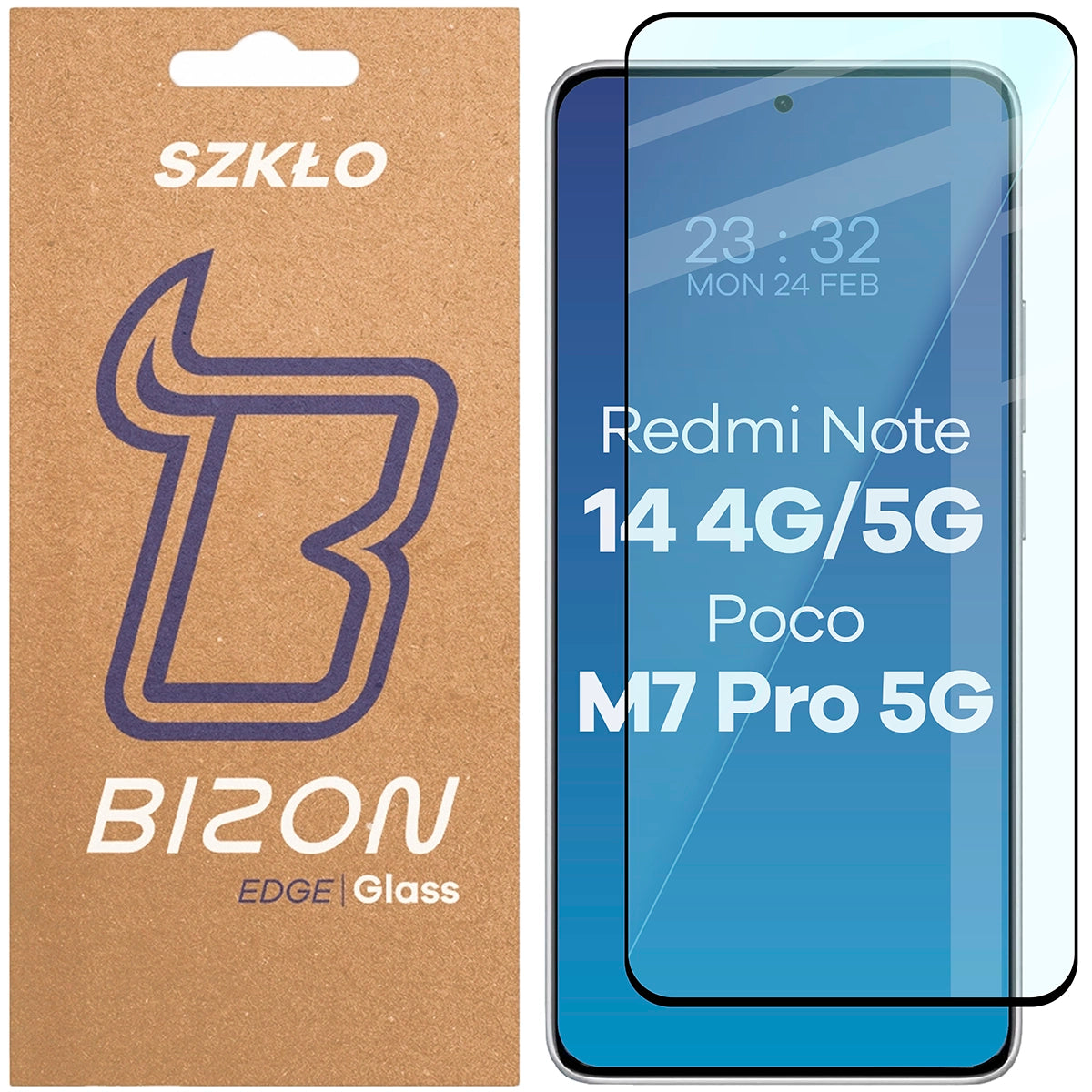 Gehärtetes Glas für Xiaomi Redmi Note 14 / Poco M7 Pro 5G, Bizon Glass Edge, Schwarzer Rahmen