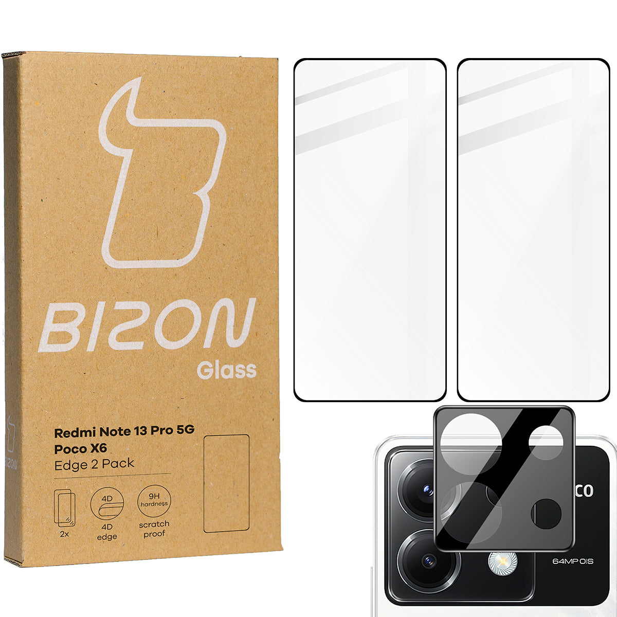 Gehärtetes Glas 2 Stück + Kameraschutz für Xiaomi Poco X6 / Redmi Note 13 Pro 5G, Bizon Glass Edge Pack, Schwarz