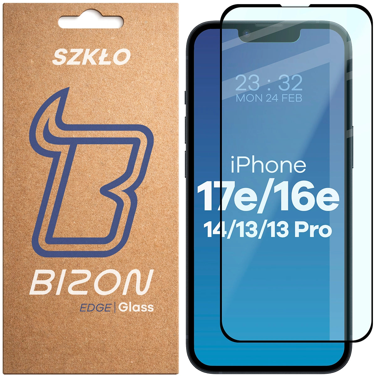 Gehärtetes Glas Bizon Glass Edge für iPhone 17e / 16e / 14 / 13 / 13 Pro, schwarz