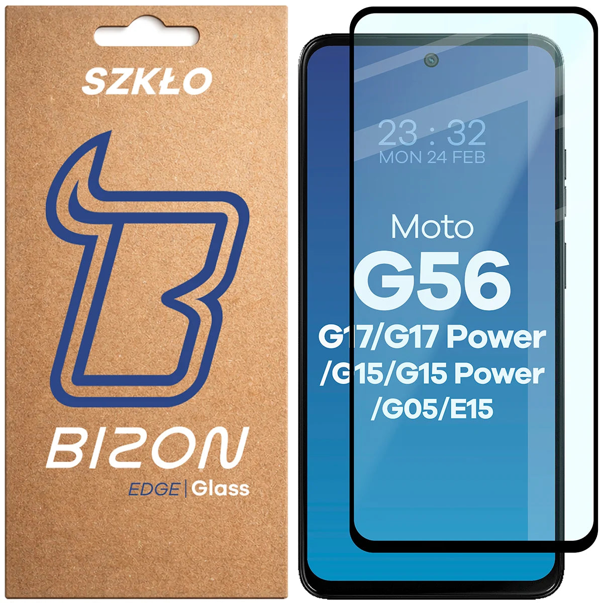 Gehärtetes Glas für Motorola Moto G56/G17/G17 Power/G15/G15 Power/G05/E15, Bizon Glass Edge, Schwarzer Rahmen