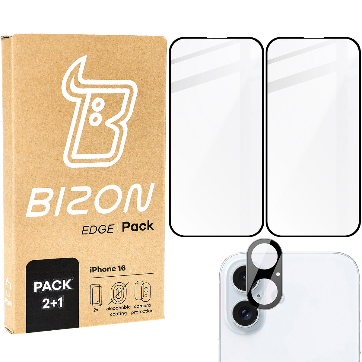 Gehärtetes Glas - 2 Stück + Kameraschutz für iPhone 16, Bizon Glass Edge Pack, Schwarz