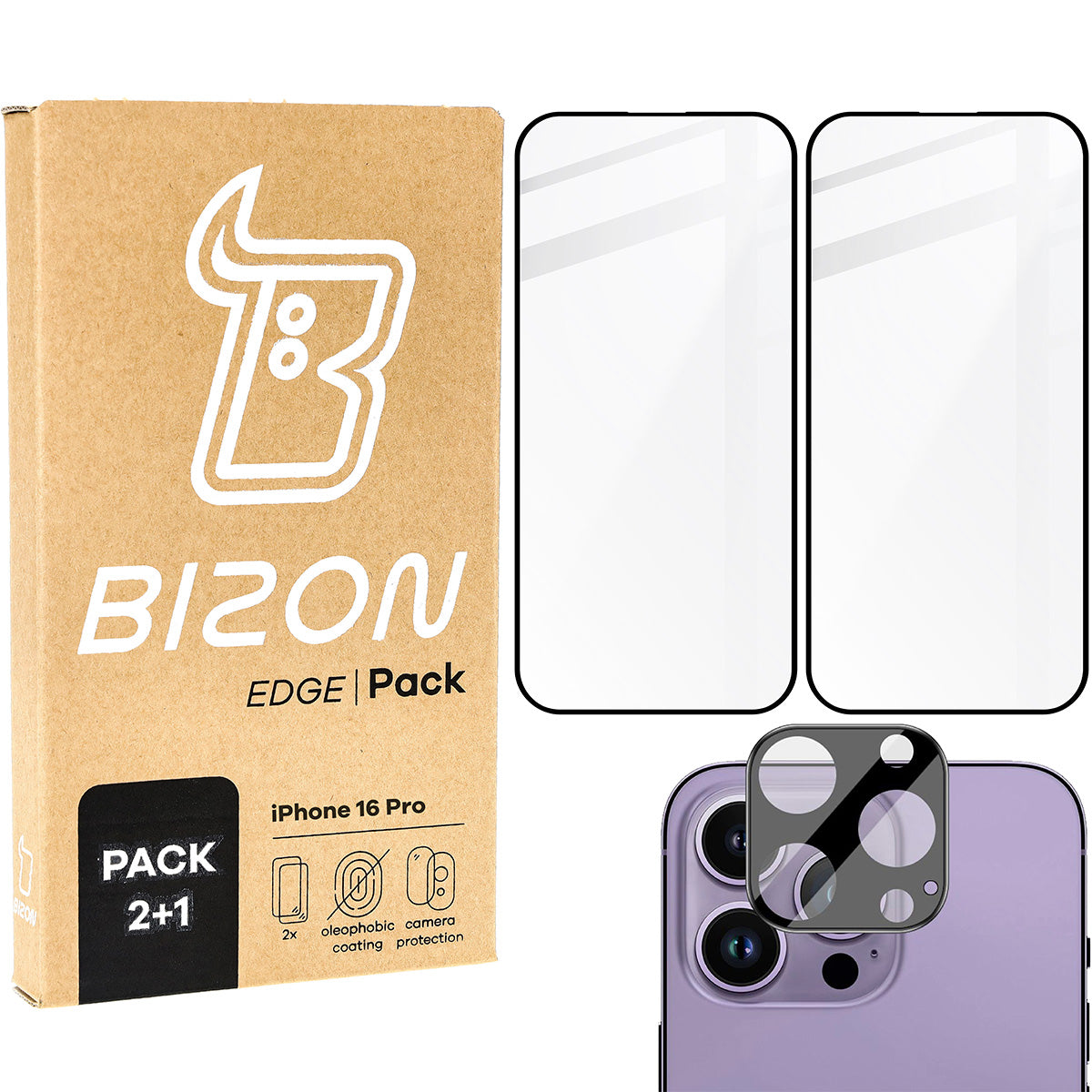 Gehärtetes Glas - 2 Stück + Kameraschutz für iPhone 16 Pro, Bizon Glass Edge Pack, Schwarz