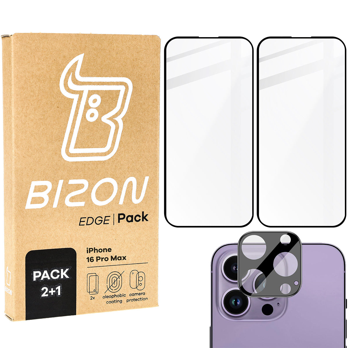 Gehärtetes Glas - 2 Stück + Kameraschutz für iPhone 16 Pro Max, Bizon Glass Edge Pack, Schwarz