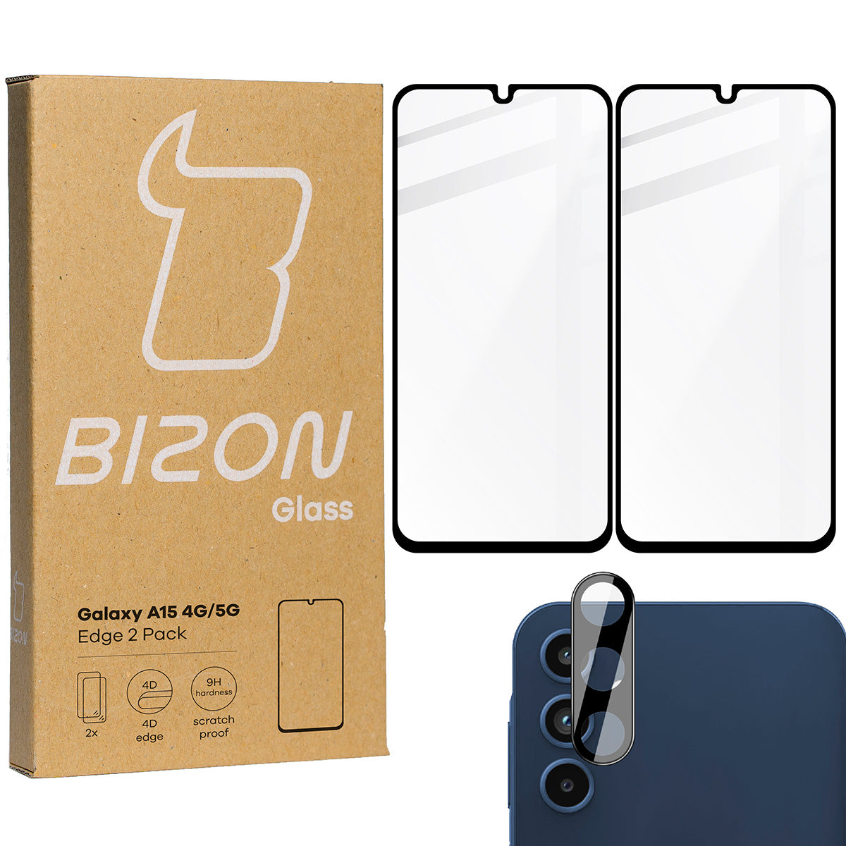 Gehärtetes Glas 2 Stück + Kameraschutz für Galaxy A15 4G/5G, Bizon Glass Edge Pack, Schwarz