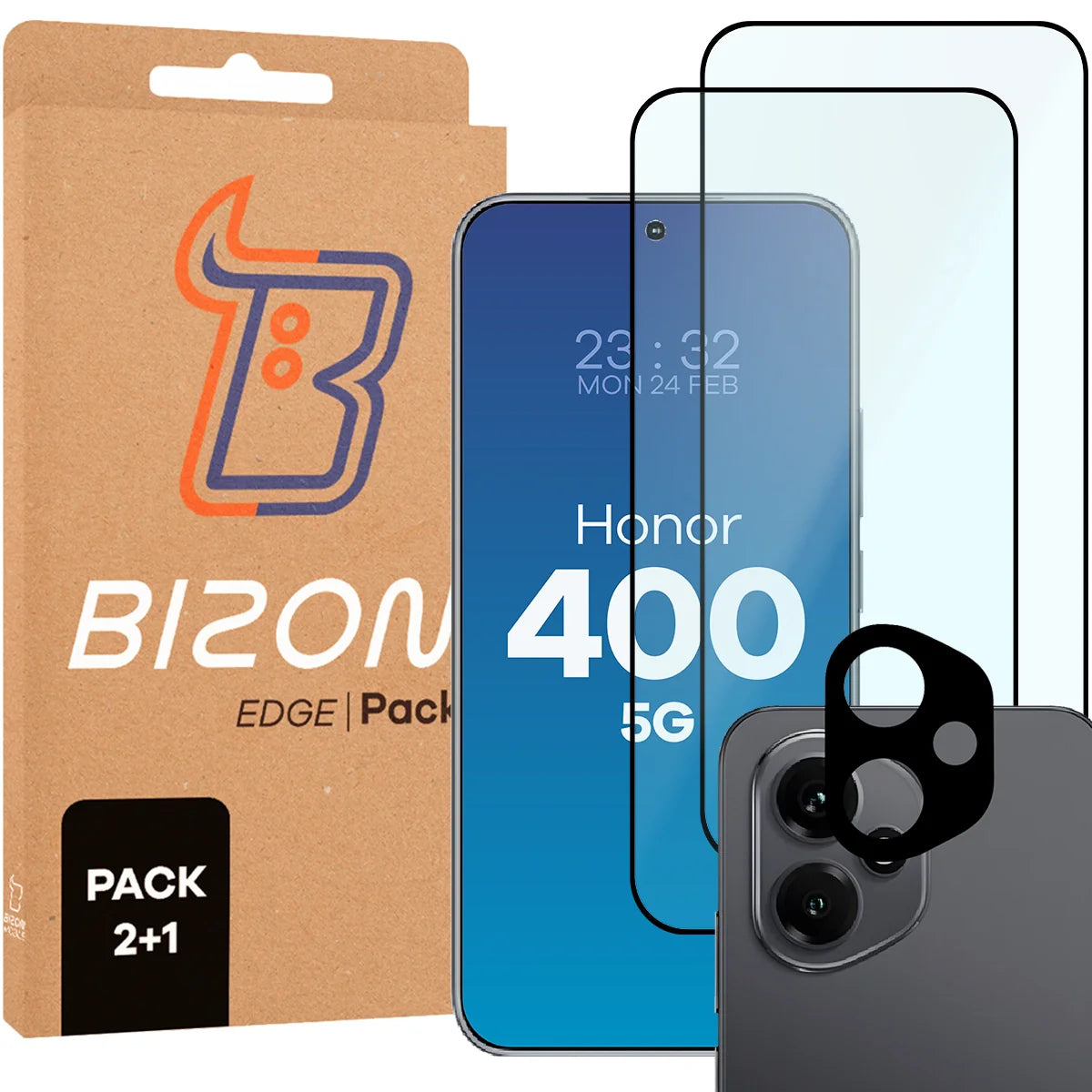 Gehärtetes Glas - 2 Stück + Kameraschutz für Honor 400, Bizon Glass Edge Pack, Schwarz