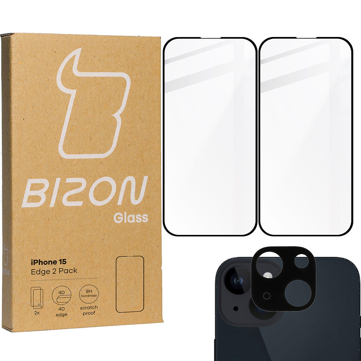 Gehärtetes Glas Bizon Glass Edge Pack - 2 Stück + Kameraschutz für iPhone 15, Schwarz