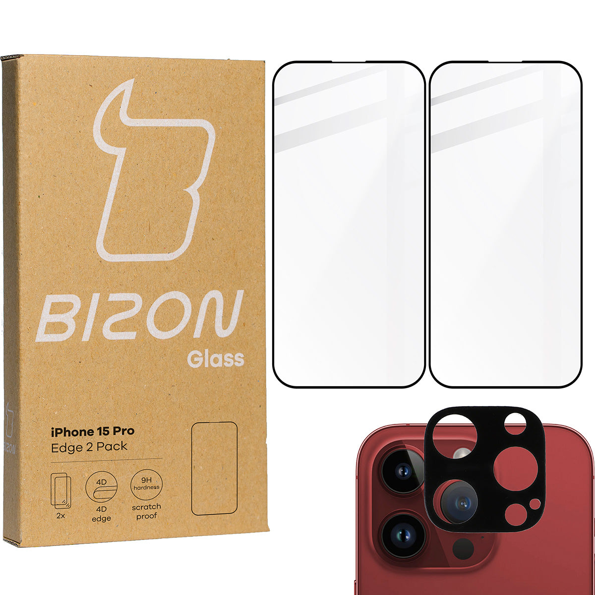 Gehärtetes Glas Bizon Glass Edge Pack - 2 Stück + Kameraschutz für iPhone 15 Pro, Schwarz