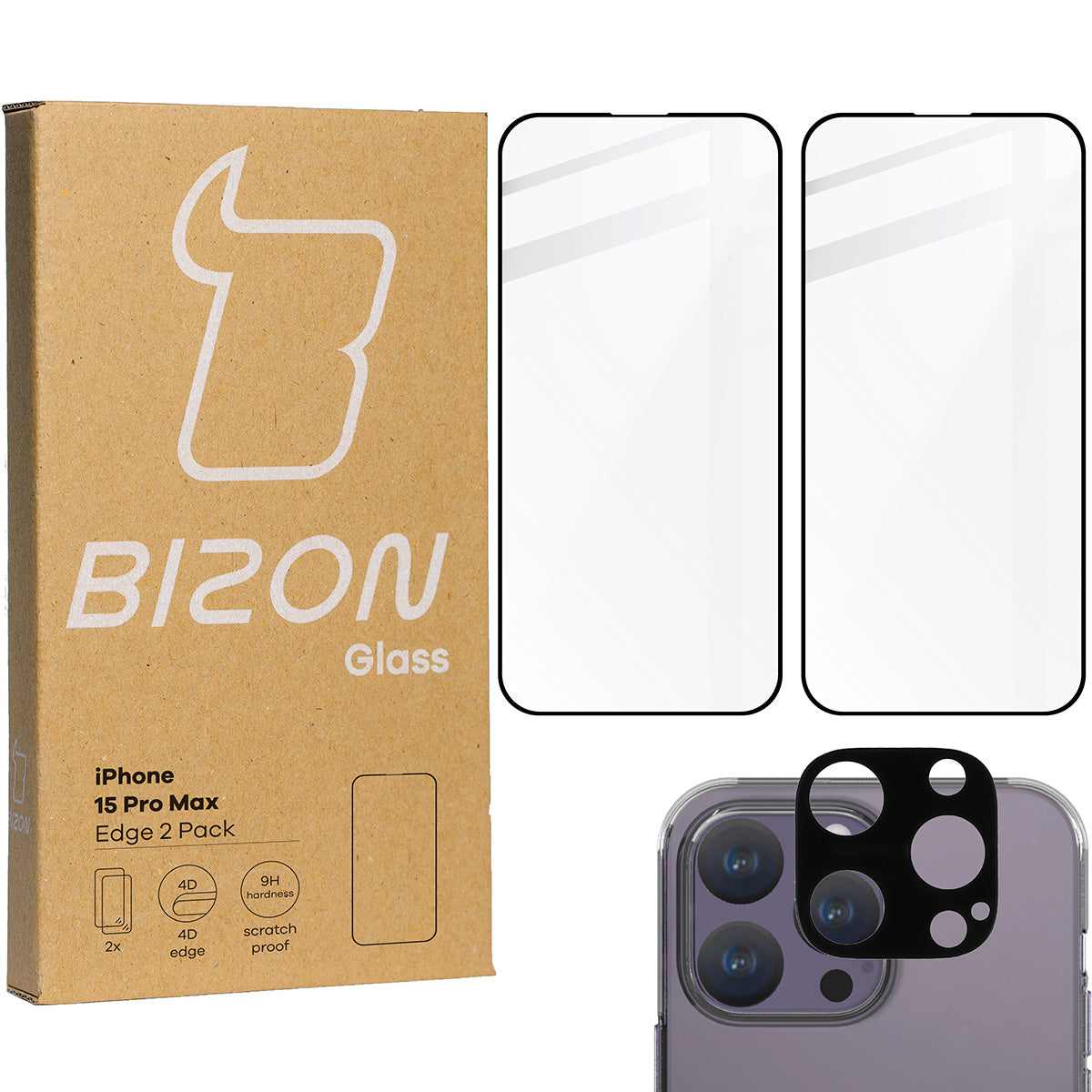 Gehärtetes Glas Bizon Glass Edge Pack - 2 Stück + Kameraschutz für iPhone 15 Pro Max, Schwarz