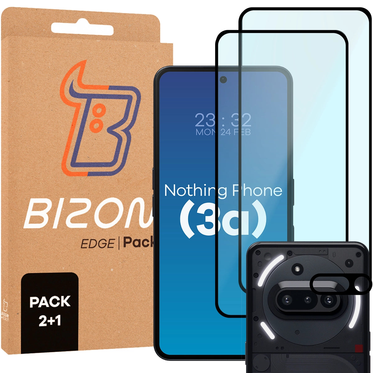 Gehärtetes Glas - 2 Stück + Kameraschutz für Nothing Phone (3a), Bizon Glass Edge Pack, Schwarz