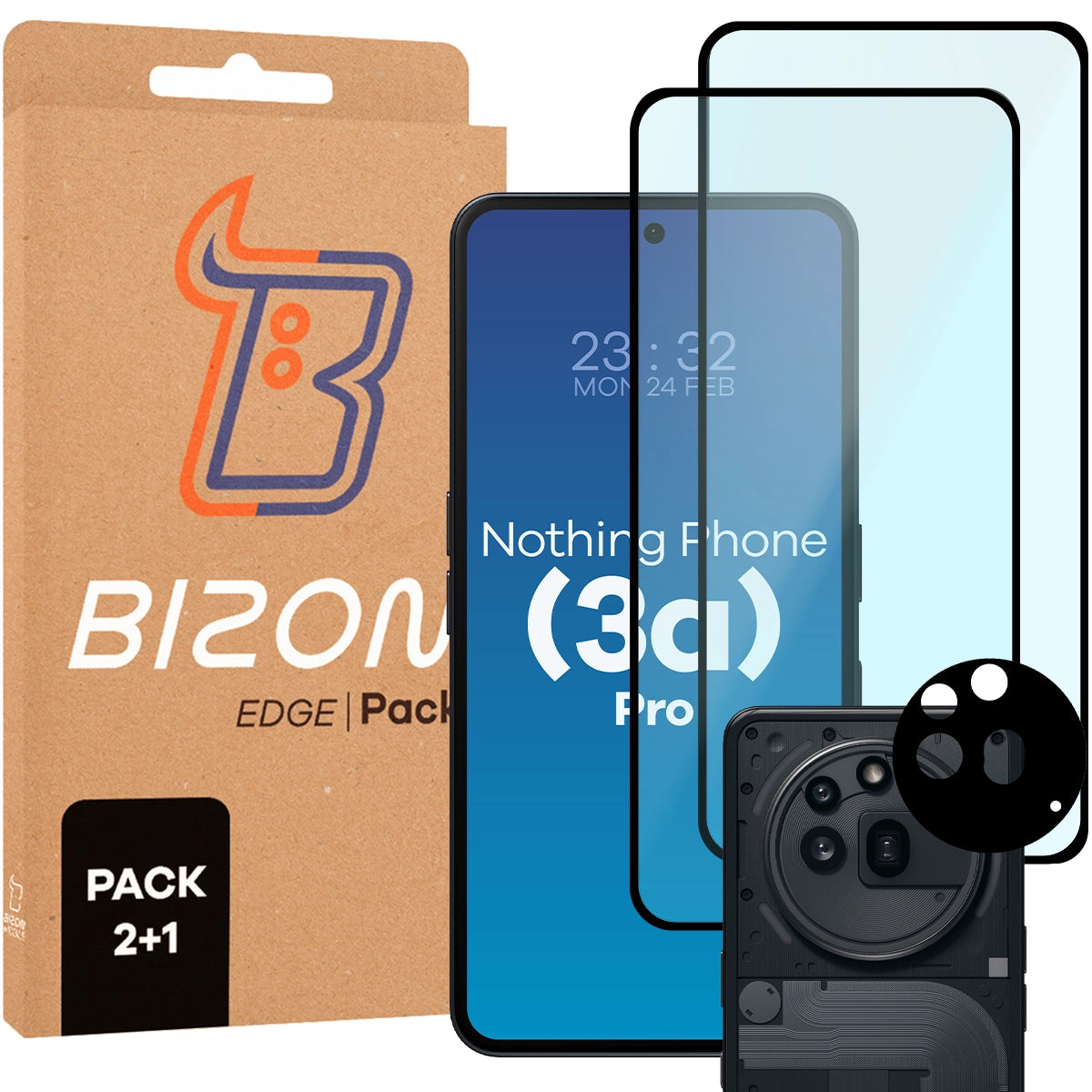 Gehärtetes Glas - 2 Stück + Kameraschutz für Nothing Phone (3a) Pro, Bizon Glass Edge Pack, Schwarz