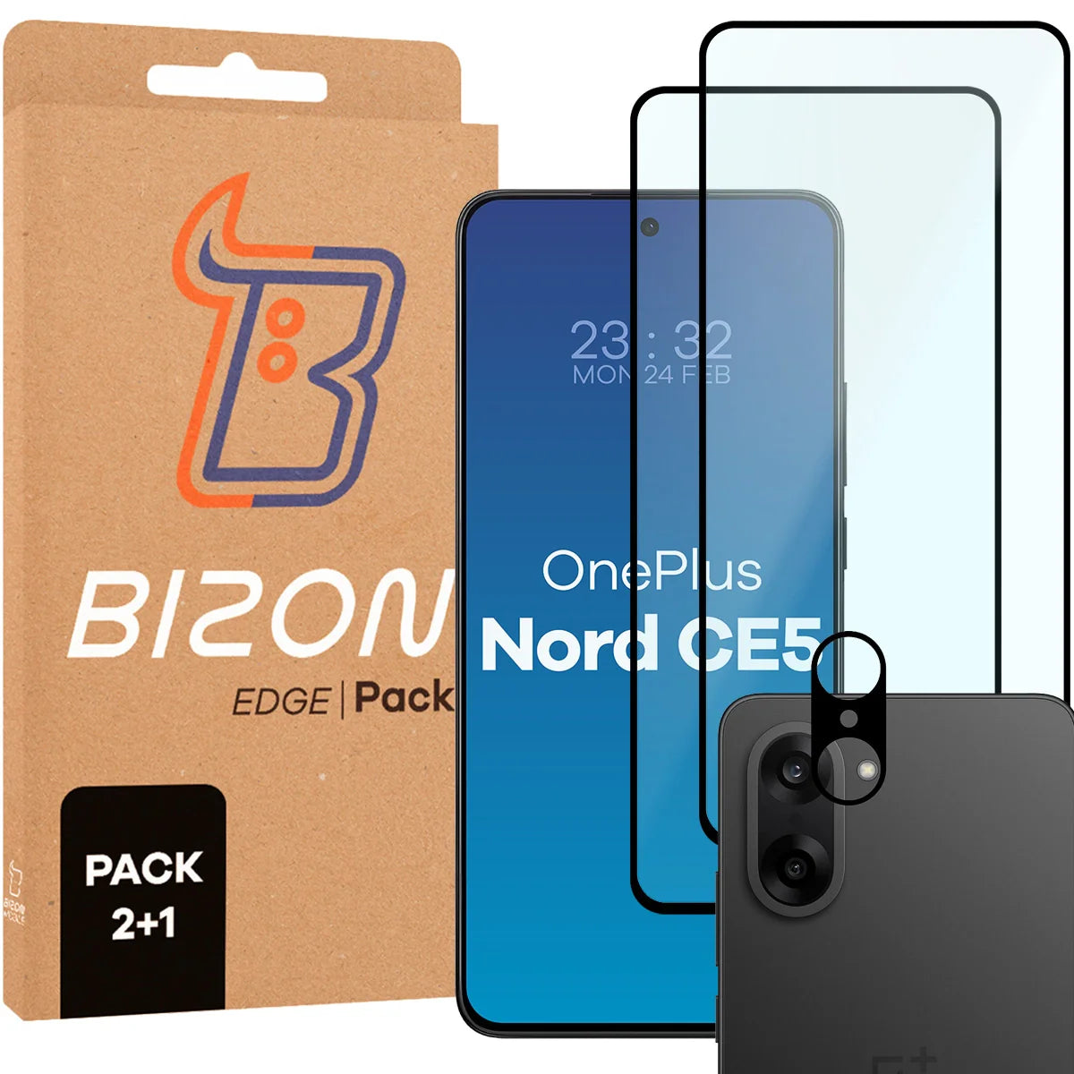 Gehärtetes Glas - 2 Stück + Kameraschutz für OnePlus Nord CE5 5G, Bizon Glass Edge Pack, Schwarz
