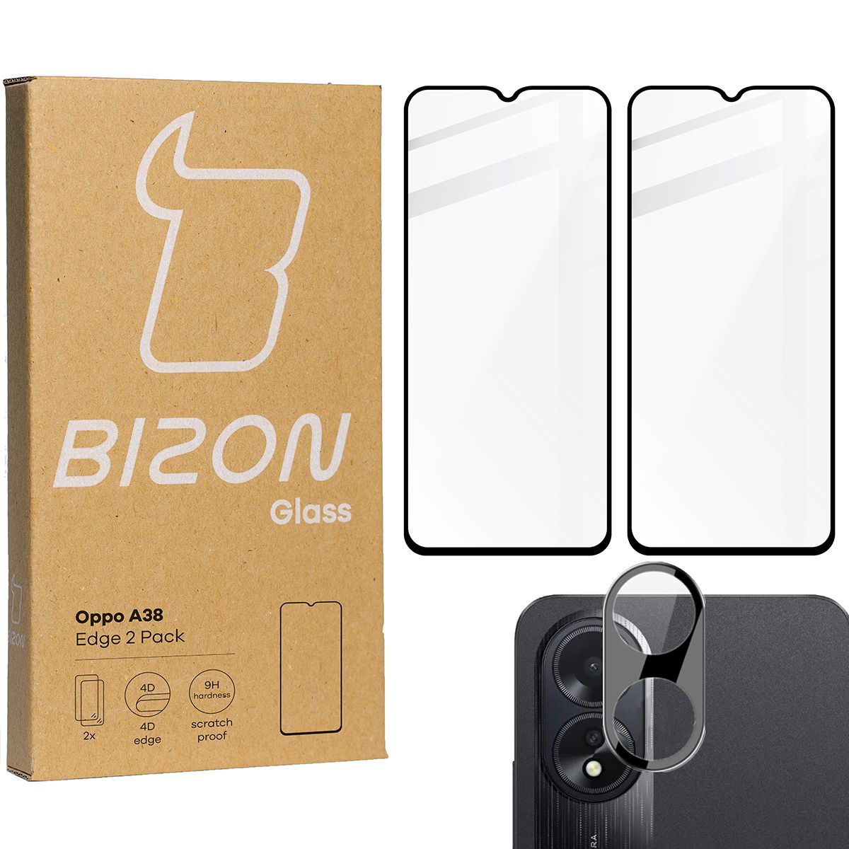 Gehärtetes Glas 2 Stück + Kameraschutz für Oppo A38 4G, Bizon Glass Edge Pack, Schwarz