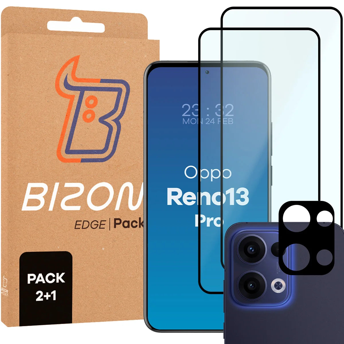 Gehärtetes Glas - 2 Stück + Kameraschutz für Oppo Reno13, Bizon Glass Edge Pack, Schwarz