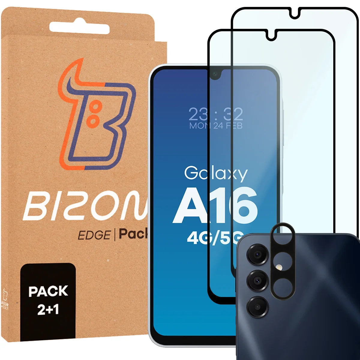 Gehärtetes Glas - 2 Stück + Kameraschutz für Galaxy A16 4G / 5G, Bizon Glass Edge Pack, Schwarz