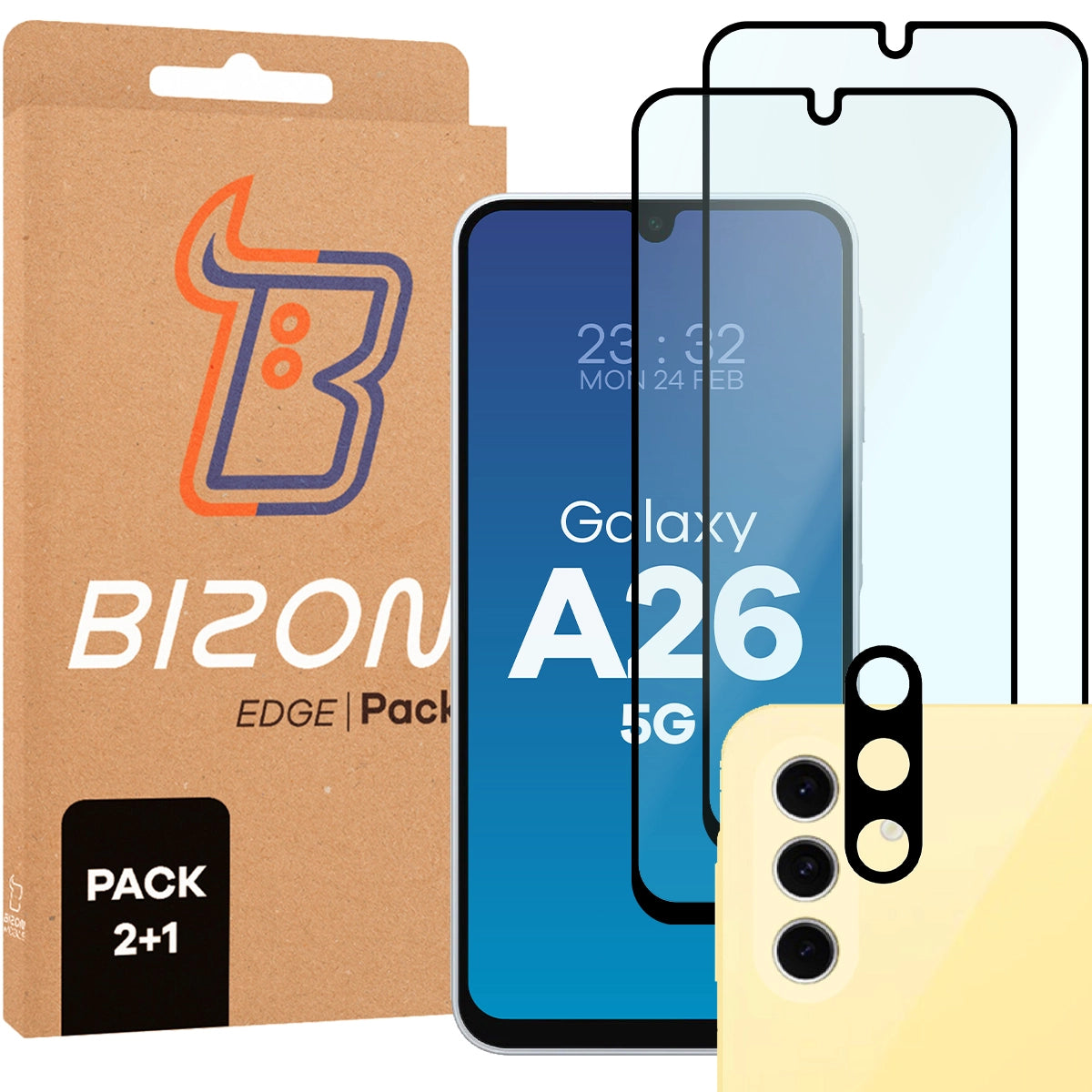 Gehärtetes Glas - 2 Stück + Kameraschutz für Galaxy A26 5G, Bizon Glass Edge Pack, Schwarz